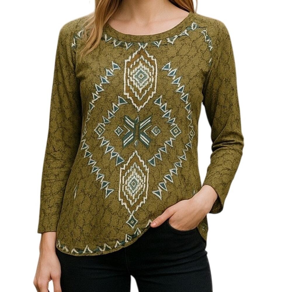 FREE PEOPLE Sz L Green Embroidered BOHO Lace Sleeve Top | GUC